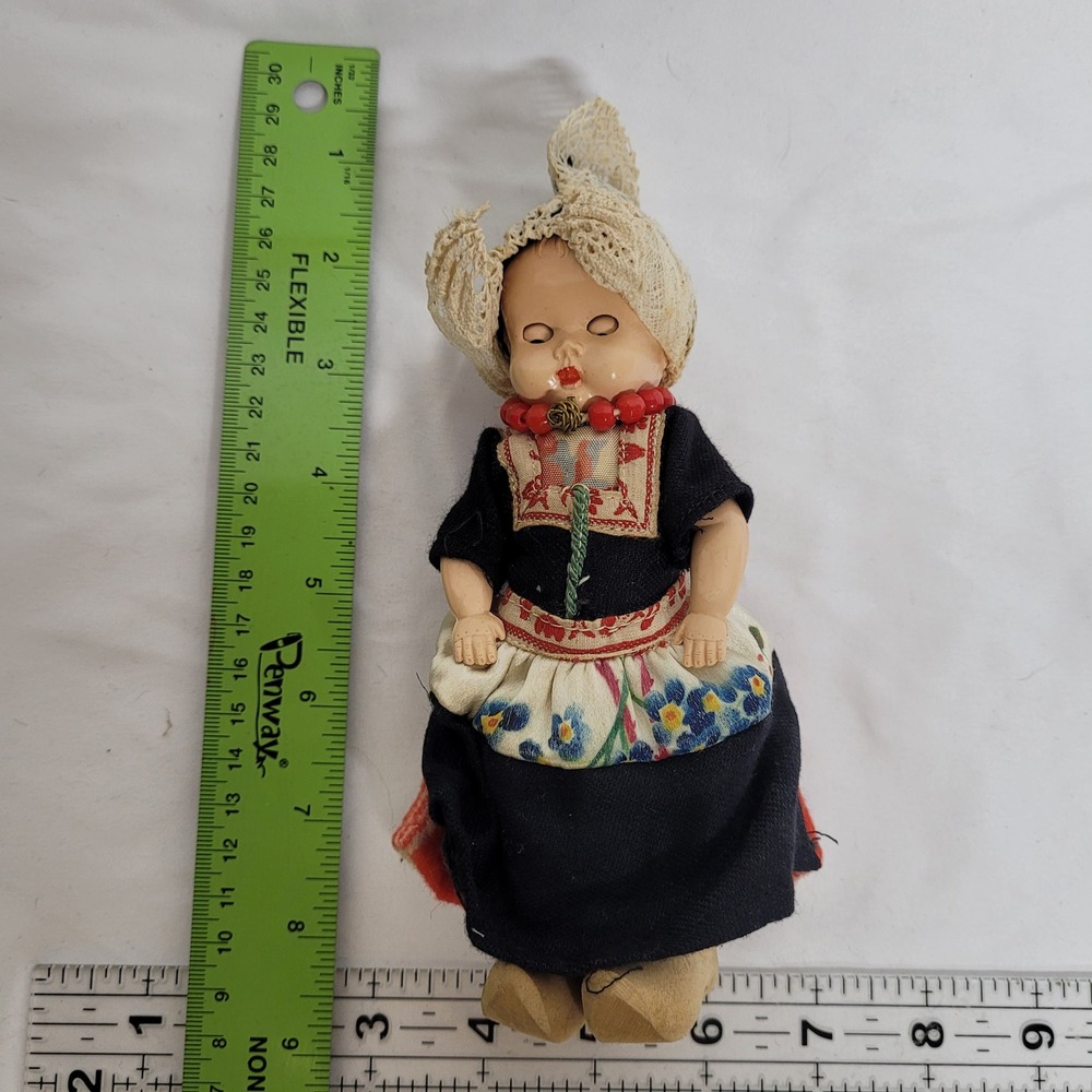 Vintage Dutch Souvenir Doll 8 Inch Traditional Folk Costume Wooden Clogs 1950s